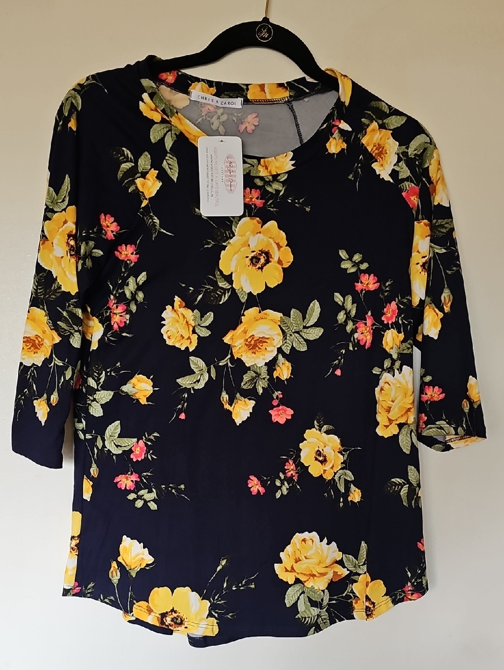 NEW. Chris & Carol Black Long-Sleeve Top with Yellow Floral Print. Size Small.